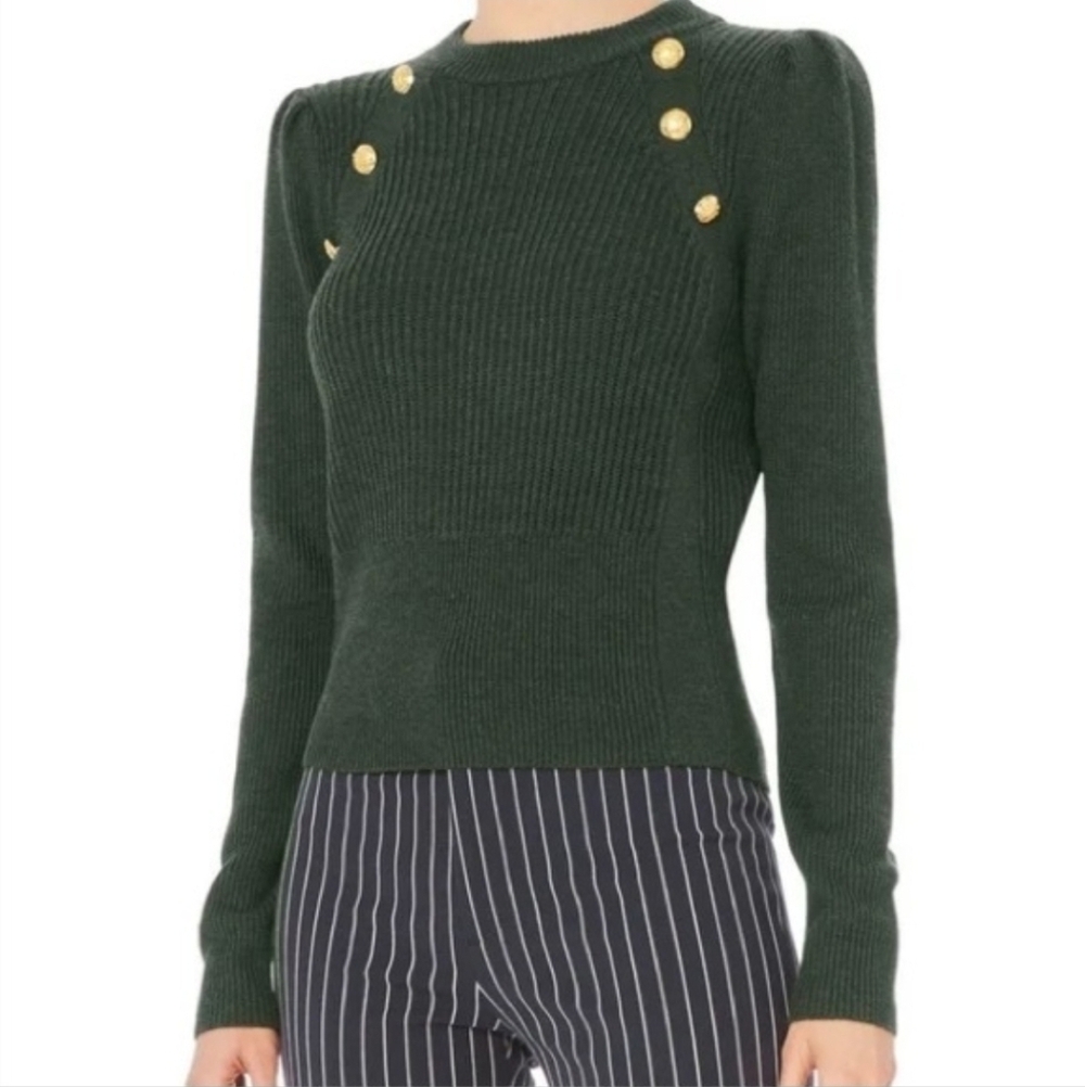 Veronica Beard Kelly Green 100% Wool Sweater Button Shoulder Raglan Dark  Sz S